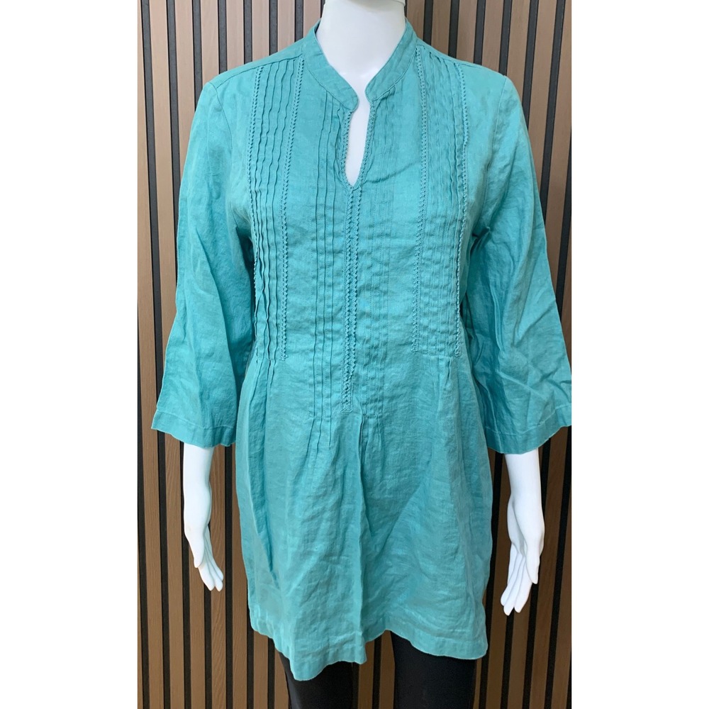 J. Jill Teal Blue 100% Linen Pintuck Split Neck 3/4 Sleeve Tunic Top Petite L